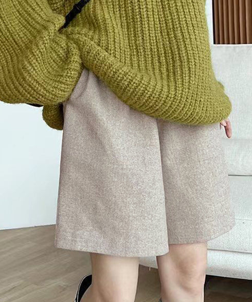 ウール風ハーフパンツ5分丈ワイドパンツ レディース ハイウエストショートパンツ ウエストゴム 無地半ズボン オフィスカジュアル シンプルショーパン 着やせ春秋冬 6KUYIN-001