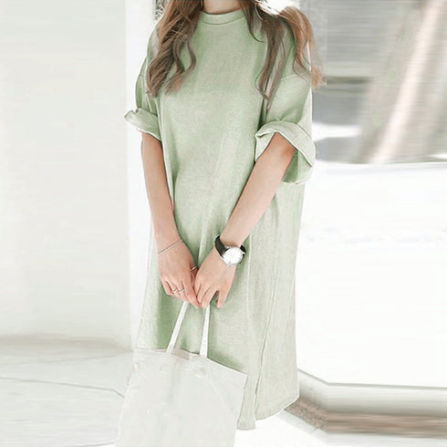 チュニックTシャツ サイドスリット レディース 無地 ロングTシャツ ベーシック 半袖トップス シンプル Tシャツワンピース 春夏 カットソー 6LANGZI-001