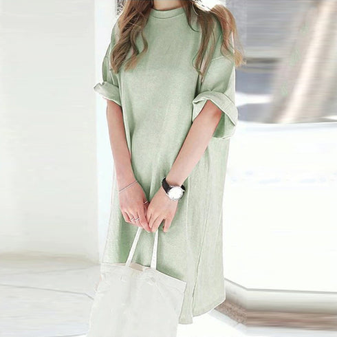 チュニックTシャツ サイドスリット レディース 無地 ロングTシャツ ベーシック 半袖トップス シンプル Tシャツワンピース 春夏 カットソー 6LANGZI-001