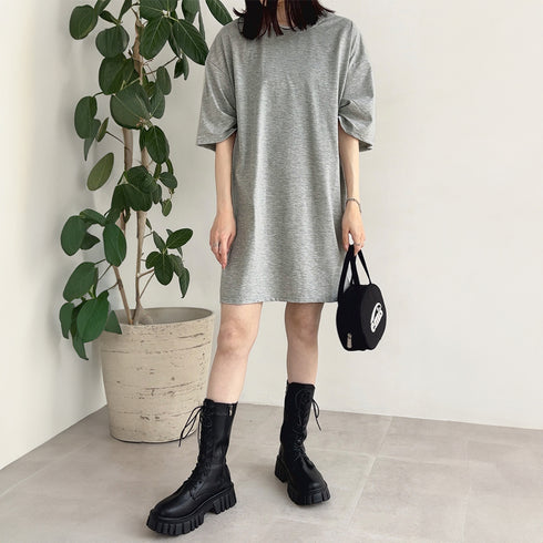 チュニックTシャツ サイドスリット レディース 無地 ロングTシャツ ベーシック 半袖トップス シンプル Tシャツワンピース 春夏 カットソー 6LANGZI-001