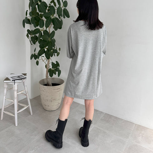 チュニックTシャツ サイドスリット レディース 無地 ロングTシャツ ベーシック 半袖トップス シンプル Tシャツワンピース 春夏 カットソー 6LANGZI-001