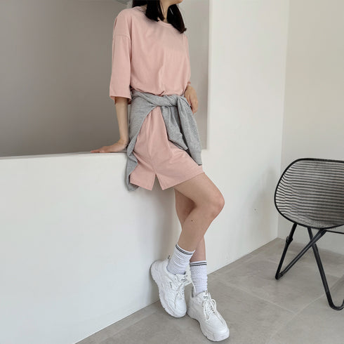 チュニックTシャツ サイドスリット レディース 無地 ロングTシャツ ベーシック 半袖トップス シンプル Tシャツワンピース 春夏 カットソー 6LANGZI-001