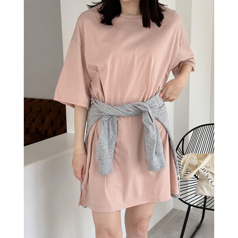 チュニックTシャツ サイドスリット レディース 無地 ロングTシャツ ベーシック 半袖トップス シンプル Tシャツワンピース 春夏 カットソー 6LANGZI-001