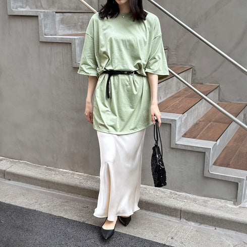 チュニックTシャツ サイドスリット レディース 無地 ロングTシャツ ベーシック 半袖トップス シンプル Tシャツワンピース 春夏 カットソー 6LANGZI-001