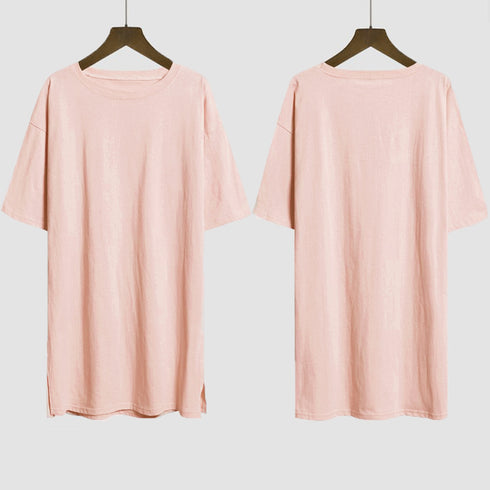 チュニックTシャツ サイドスリット レディース 無地 ロングTシャツ ベーシック 半袖トップス シンプル Tシャツワンピース 春夏 カットソー 6LANGZI-001