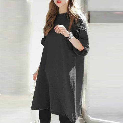チュニックTシャツ サイドスリット レディース 無地 ロングTシャツ ベーシック 半袖トップス シンプル Tシャツワンピース 春夏 カットソー 6LANGZI-001