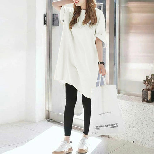 チュニックTシャツ サイドスリット レディース 無地 ロングTシャツ ベーシック 半袖トップス シンプル Tシャツワンピース 春夏 カットソー 6LANGZI-001