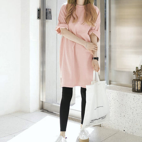 チュニックTシャツ サイドスリット レディース 無地 ロングTシャツ ベーシック 半袖トップス シンプル Tシャツワンピース 春夏 カットソー 6LANGZI-001