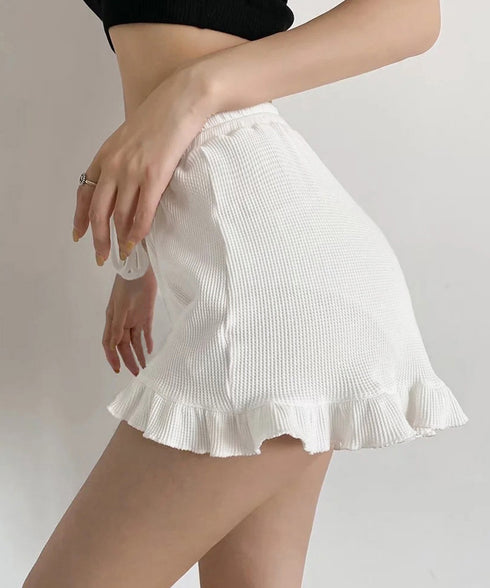 フリルペチパンツ ワッフルショートパンツ レディース 可愛いペチコート チラ見え防止 ナチュラルカジュアル ハイウエストホットパンツ 透け対策インナーパンツ部屋着 6LANQIU-002