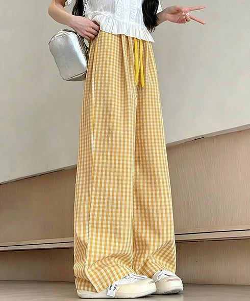 ギンガムチェックワイドパンツハイウエスト 可愛い格子柄ロングパンツレディース 体型カバーパンツカジュアルきれいめ イージーパンツ楽ちん サッカー生地パジャマパンツ 6LANYING-001