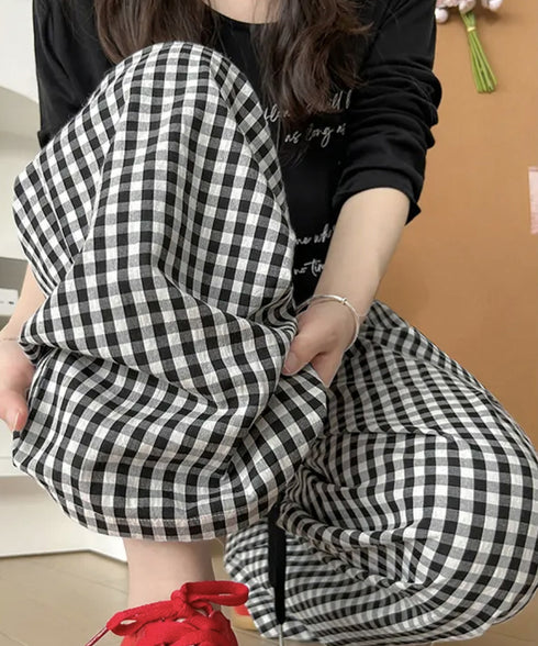 ギンガムチェックワイドパンツハイウエスト 可愛い格子柄ロングパンツレディース 体型カバーパンツカジュアルきれいめ イージーパンツ楽ちん サッカー生地パジャマパンツ 6LANYING-001