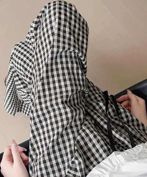 ギンガムチェックワイドパンツハイウエスト 可愛い格子柄ロングパンツレディース 体型カバーパンツカジュアルきれいめ イージーパンツ楽ちん サッカー生地パジャマパンツ 6LANYING-001