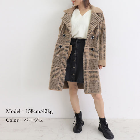 グレンチェック チェスターコート 韓国 ロングコート レディース シャギーコート 秋冬 アウター ダブル コート 暖かい ミンクファータッチコート通勤着やせ 6LGYU-001