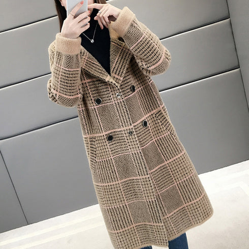 グレンチェック チェスターコート 韓国 ロングコート レディース シャギーコート 秋冬 アウター ダブル コート 暖かい ミンクファータッチコート通勤着やせ 6LGYU-001