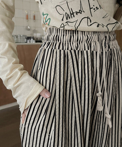 ストライプセミワイドパンツ ハイウエスト カジュアルイージーパンツ レディース ゆったりボトムス 薄手ロングパンツ ウエストゴム 春夏ストレートパンツ ポケット付 6LINCHUANG-001