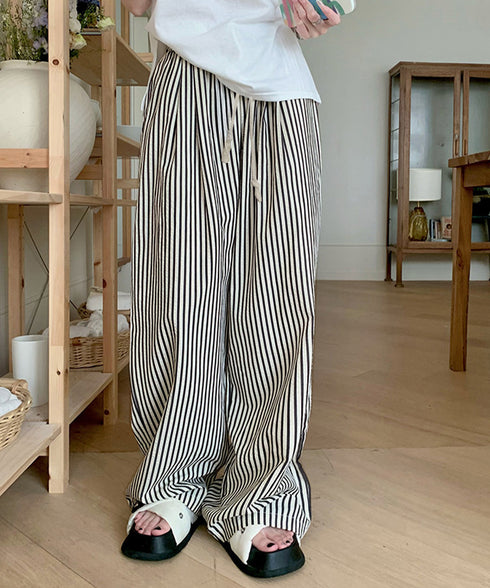 ストライプセミワイドパンツ ハイウエスト カジュアルイージーパンツ レディース ゆったりボトムス 薄手ロングパンツ ウエストゴム 春夏ストレートパンツ ポケット付 6LINCHUANG-001