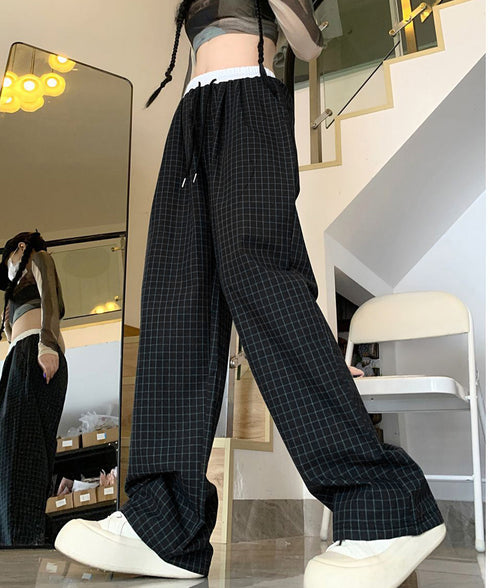 チェック柄ワイドパンツハイウエスト春夏服 カジュアルイージーパンツ レディース レトロ風ストレートパンツ ゆったり 薄手ロングパンツ韓国風 ウエストゴムポケット付 6LINCHUANG-002