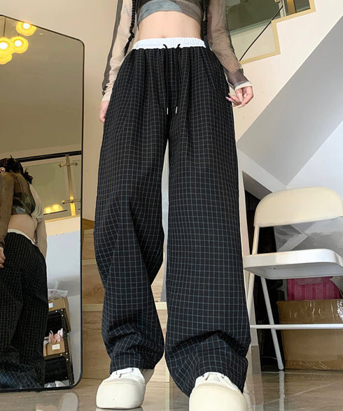 チェック柄ワイドパンツハイウエスト春夏服 カジュアルイージーパンツ レディース レトロ風ストレートパンツ ゆったり 薄手ロングパンツ韓国風 ウエストゴムポケット付 6LINCHUANG-002