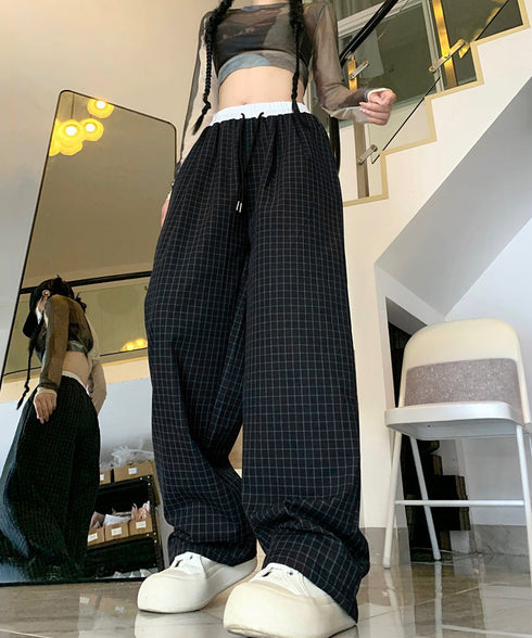 チェック柄ワイドパンツハイウエスト春夏服 カジュアルイージーパンツ レディース レトロ風ストレートパンツ ゆったり 薄手ロングパンツ韓国風 ウエストゴムポケット付 6LINCHUANG-002