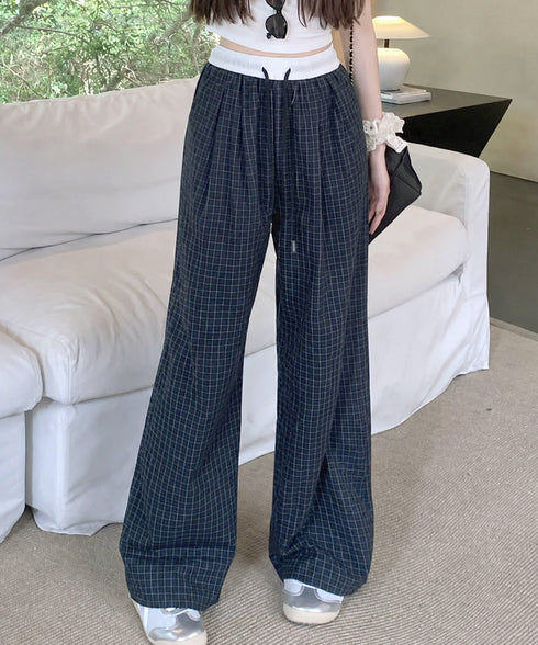 チェック柄ワイドパンツハイウエスト春夏服 カジュアルイージーパンツ レディース レトロ風ストレートパンツ ゆったり 薄手ロングパンツ韓国風 ウエストゴムポケット付 6LINCHUANG-002