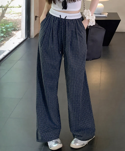 チェック柄ワイドパンツハイウエスト春夏服 カジュアルイージーパンツ レディース レトロ風ストレートパンツ ゆったり 薄手ロングパンツ韓国風 ウエストゴムポケット付 6LINCHUANG-002