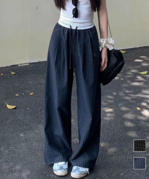 チェック柄ワイドパンツハイウエスト春夏服 カジュアルイージーパンツ レディース レトロ風ストレートパンツ ゆったり 薄手ロングパンツ韓国風 ウエストゴムポケット付 6LINCHUANG-002
