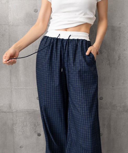 チェック柄ワイドパンツハイウエスト春夏服 カジュアルイージーパンツ レディース レトロ風ストレートパンツ ゆったり 薄手ロングパンツ韓国風 ウエストゴムポケット付 6LINCHUANG-002