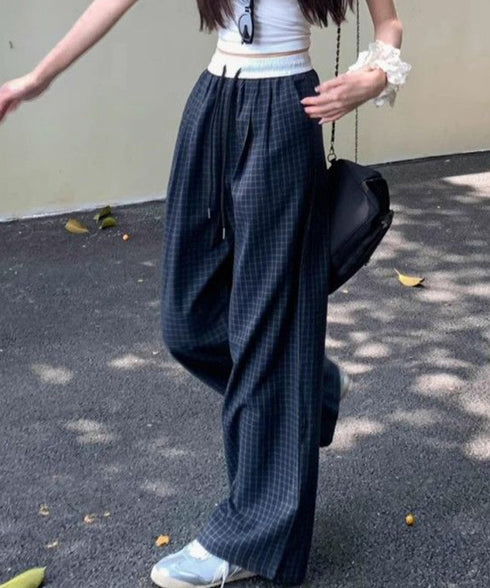 チェック柄ワイドパンツハイウエスト春夏服 カジュアルイージーパンツ レディース レトロ風ストレートパンツ ゆったり 薄手ロングパンツ韓国風 ウエストゴムポケット付 6LINCHUANG-002