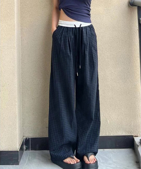 チェック柄ワイドパンツハイウエスト春夏服 カジュアルイージーパンツ レディース レトロ風ストレートパンツ ゆったり 薄手ロングパンツ韓国風 ウエストゴムポケット付 6LINCHUANG-002