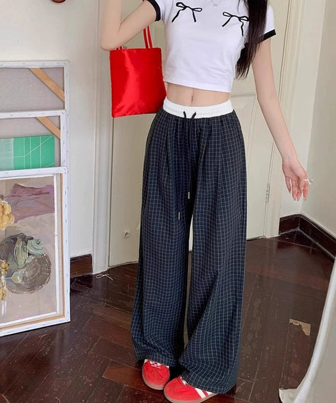 チェック柄ワイドパンツハイウエスト春夏服 カジュアルイージーパンツ レディース レトロ風ストレートパンツ ゆったり 薄手ロングパンツ韓国風 ウエストゴムポケット付 6LINCHUANG-002