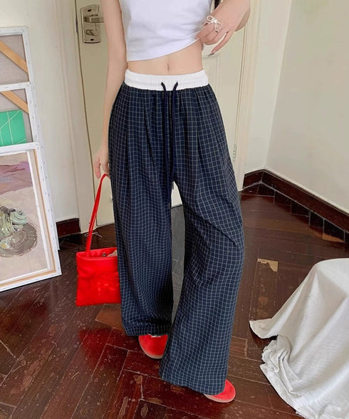 チェック柄ワイドパンツハイウエスト春夏服 カジュアルイージーパンツ レディース レトロ風ストレートパンツ ゆったり 薄手ロングパンツ韓国風 ウエストゴムポケット付 6LINCHUANG-002