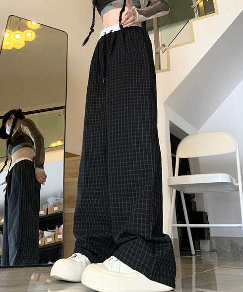 チェック柄ワイドパンツハイウエスト春夏服 カジュアルイージーパンツ レディース レトロ風ストレートパンツ ゆったり 薄手ロングパンツ韓国風 ウエストゴムポケット付 6LINCHUANG-002