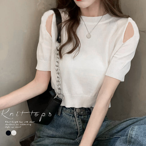 ショート丈 ニットトップス へそ出し ショート丈 ニットトップス へそ出し カットソー オフショルダーク セクシー サマーニットtシャツ クロップド丈 6LSMX-001