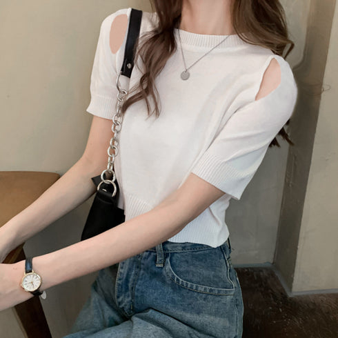 ショート丈 ニットトップス へそ出し ショート丈 ニットトップス へそ出し カットソー オフショルダーク セクシー サマーニットtシャツ クロップド丈 6LSMX-001