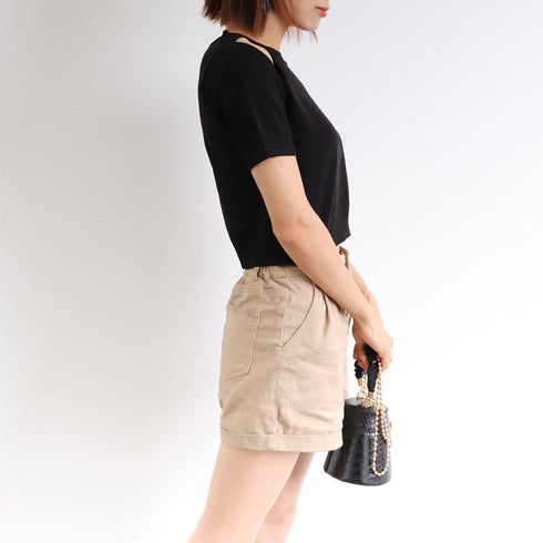 ショート丈 ニットトップス へそ出し ショート丈 ニットトップス へそ出し カットソー オフショルダーク セクシー サマーニットtシャツ クロップド丈 6LSMX-001