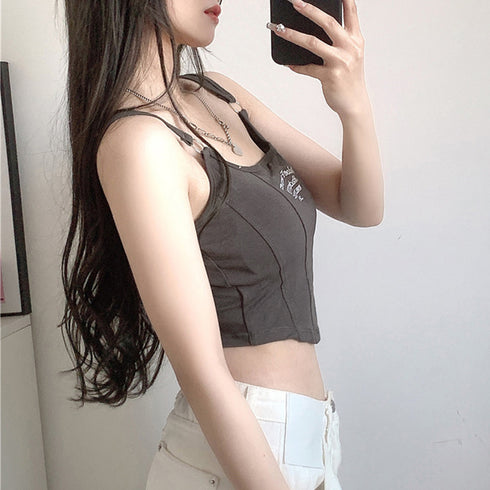 カップ付き タンクトップ ショート丈韓国 レディース 可愛い クロップド丈トップス へそ出し セクシーキャミソール ロゴ ダンス衣装 おしゃれ夏服ブラ付きインナー 6LUOLT-001