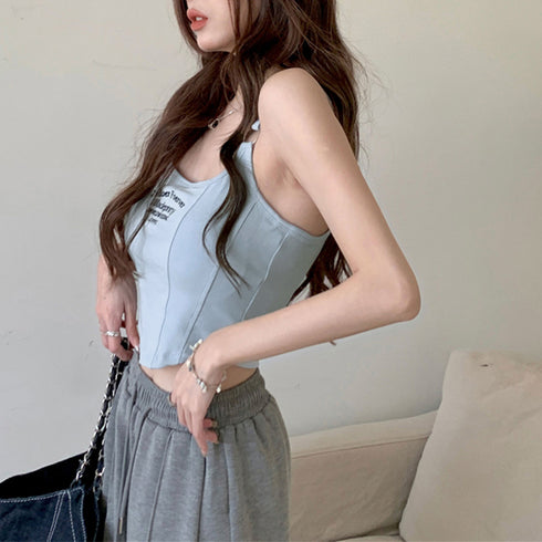 カップ付き タンクトップ ショート丈韓国 レディース 可愛い クロップド丈トップス へそ出し セクシーキャミソール ロゴ ダンス衣装 おしゃれ夏服ブラ付きインナー 6LUOLT-001