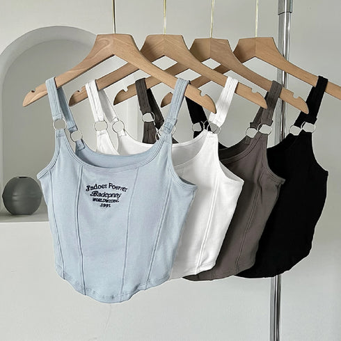 カップ付き タンクトップ ショート丈韓国 レディース 可愛い クロップド丈トップス へそ出し セクシーキャミソール ロゴ ダンス衣装 おしゃれ夏服ブラ付きインナー 6LUOLT-001