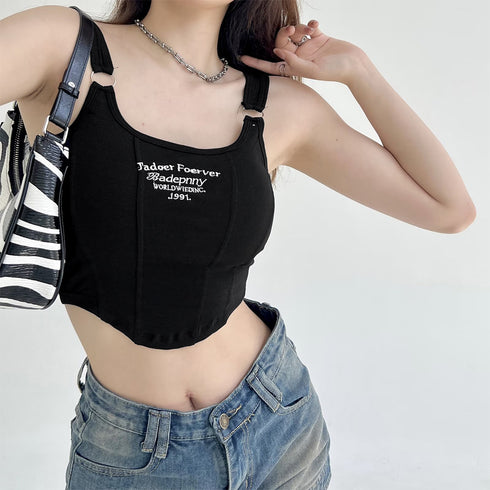 カップ付き タンクトップ ショート丈韓国 レディース 可愛い クロップド丈トップス へそ出し セクシーキャミソール ロゴ ダンス衣装 おしゃれ夏服ブラ付きインナー 6LUOLT-001