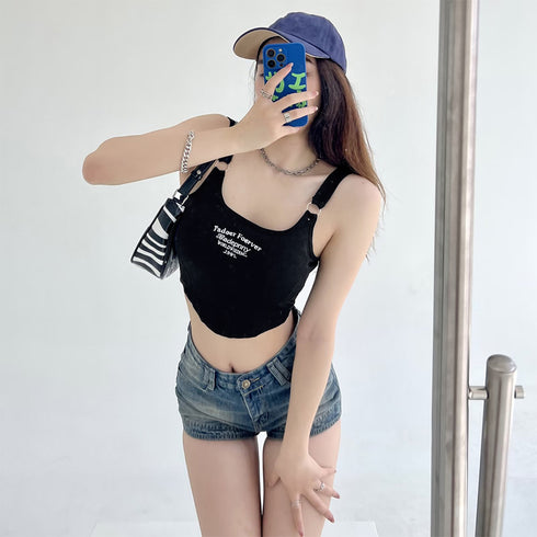 カップ付き タンクトップ ショート丈韓国 レディース 可愛い クロップド丈トップス へそ出し セクシーキャミソール ロゴ ダンス衣装 おしゃれ夏服ブラ付きインナー 6LUOLT-001