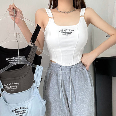 カップ付き タンクトップ ショート丈韓国 レディース 可愛い クロップド丈トップス へそ出し セクシーキャミソール ロゴ ダンス衣装 おしゃれ夏服ブラ付きインナー 6LUOLT-001