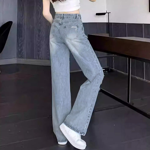 ダメージ デニムパンツ レディース着やせ ハイウエスト デニム セミワイドパンツ カジュアル ジーンズ おしゃれ 美脚ジーパン ウォッシュ加工 ストレートデニム夏 6LYNZ-001