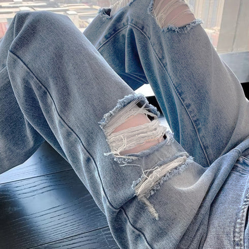 ダメージ デニムパンツ レディース着やせ ハイウエスト デニム セミワイドパンツ カジュアル ジーンズ おしゃれ 美脚ジーパン ウォッシュ加工 ストレートデニム夏 6LYNZ-001