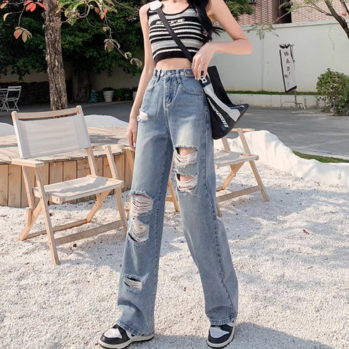 ダメージ デニムパンツ レディース着やせ ハイウエスト デニム セミワイドパンツ カジュアル ジーンズ おしゃれ 美脚ジーパン ウォッシュ加工 ストレートデニム夏 6LYNZ-001