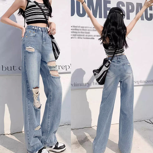 ダメージ デニムパンツ レディース着やせ ハイウエスト デニム セミワイドパンツ カジュアル ジーンズ おしゃれ 美脚ジーパン ウォッシュ加工 ストレートデニム夏 6LYNZ-001