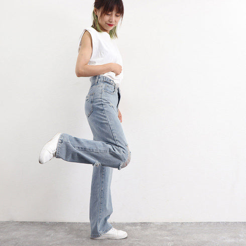 ダメージ デニムパンツ レディース着やせ ハイウエスト デニム セミワイドパンツ カジュアル ジーンズ おしゃれ 美脚ジーパン ウォッシュ加工 ストレートデニム夏 6LYNZ-001