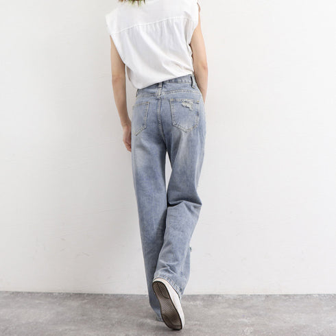 ダメージ デニムパンツ レディース着やせ ハイウエスト デニム セミワイドパンツ カジュアル ジーンズ おしゃれ 美脚ジーパン ウォッシュ加工 ストレートデニム夏 6LYNZ-001