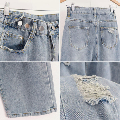 ダメージ デニムパンツ レディース着やせ ハイウエスト デニム セミワイドパンツ カジュアル ジーンズ おしゃれ 美脚ジーパン ウォッシュ加工 ストレートデニム夏 6LYNZ-001