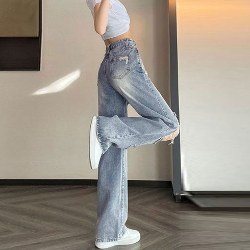 ダメージ デニムパンツ レディース着やせ ハイウエスト デニム セミワイドパンツ カジュアル ジーンズ おしゃれ 美脚ジーパン ウォッシュ加工 ストレートデニム夏 6LYNZ-001