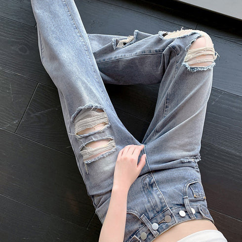 ダメージ デニムパンツ レディース着やせ ハイウエスト デニム セミワイドパンツ カジュアル ジーンズ おしゃれ 美脚ジーパン ウォッシュ加工 ストレートデニム夏 6LYNZ-001